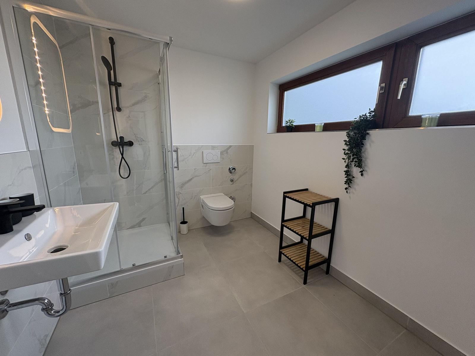Badezimmer mit Dusche, WC und Waschbecken. Fenster mit Pflanze und Holzregal.