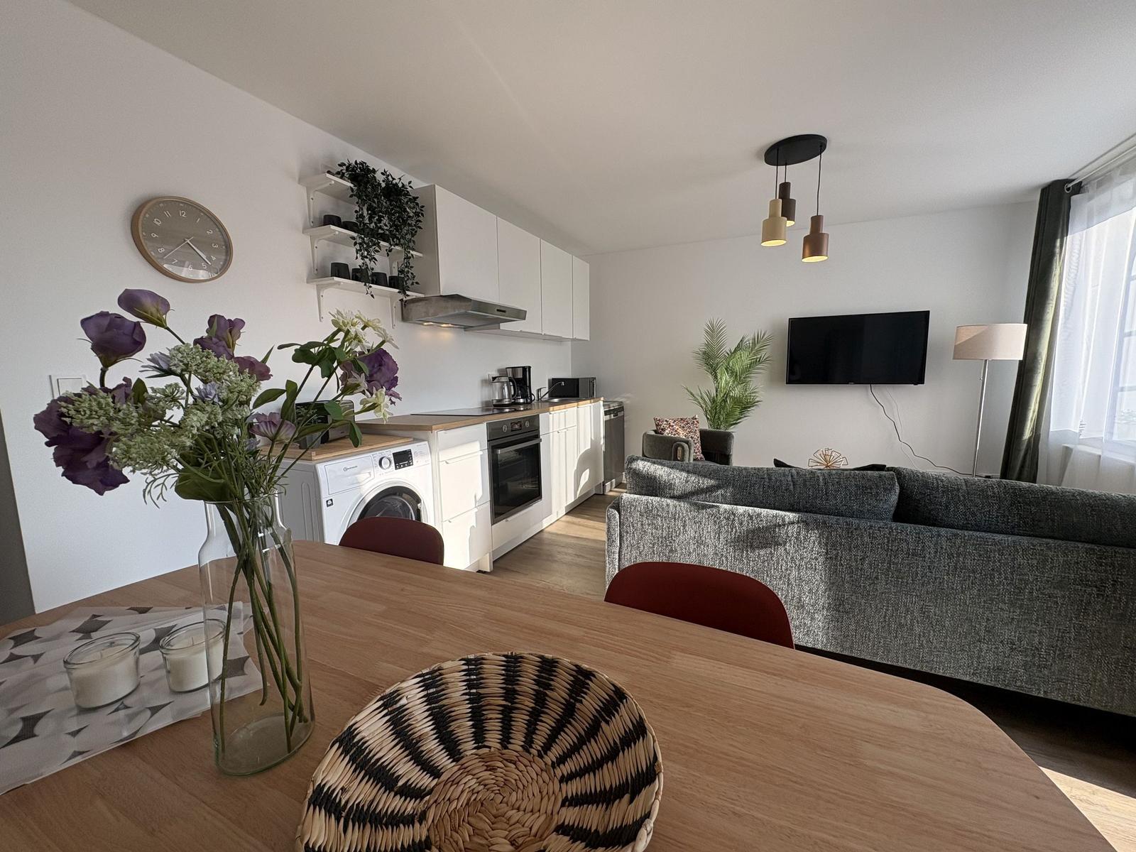 Wohnung mit Küche, Wohnzimmer und Esstisch. Dazu TV, Sofa und Pflanzen.