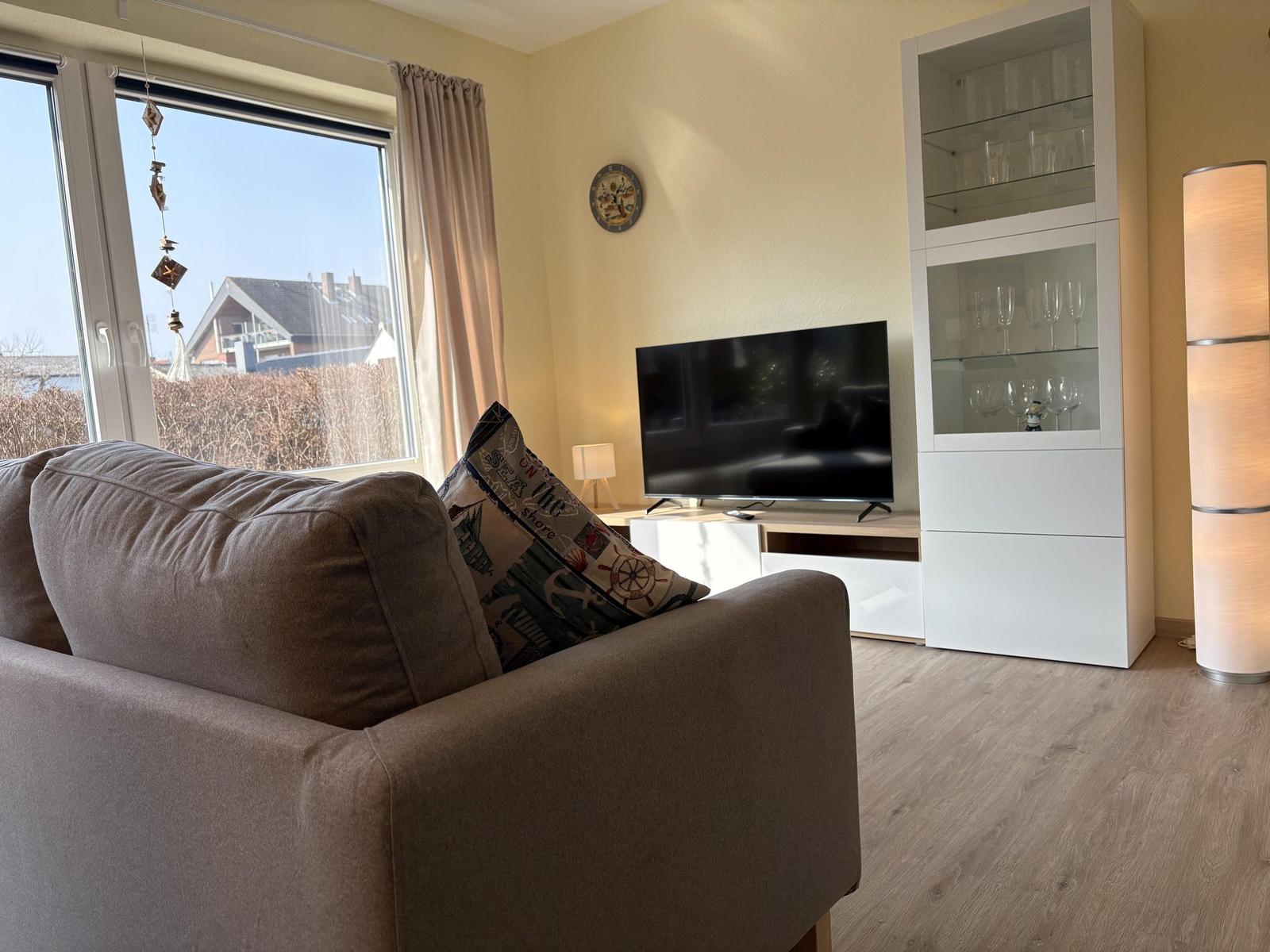 Ein Wohnzimmer mit Sofa, Fernseher und Glaswand-Schrank. Durchblick auf Außenbereich.