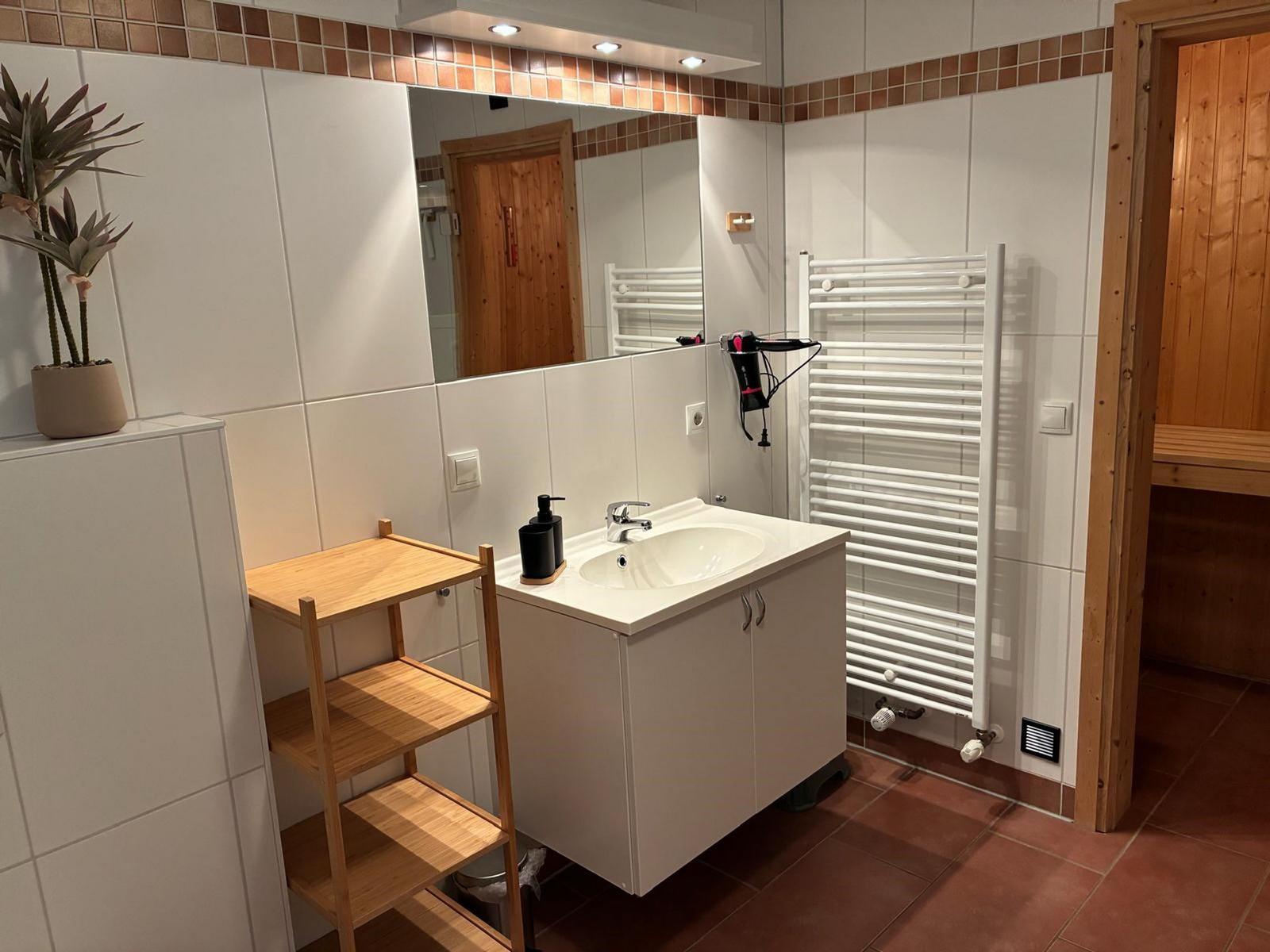Badezimmer mit Waschbecken, Spiegel und Heizkörper. Holzregal und Pflanze sichtbar.