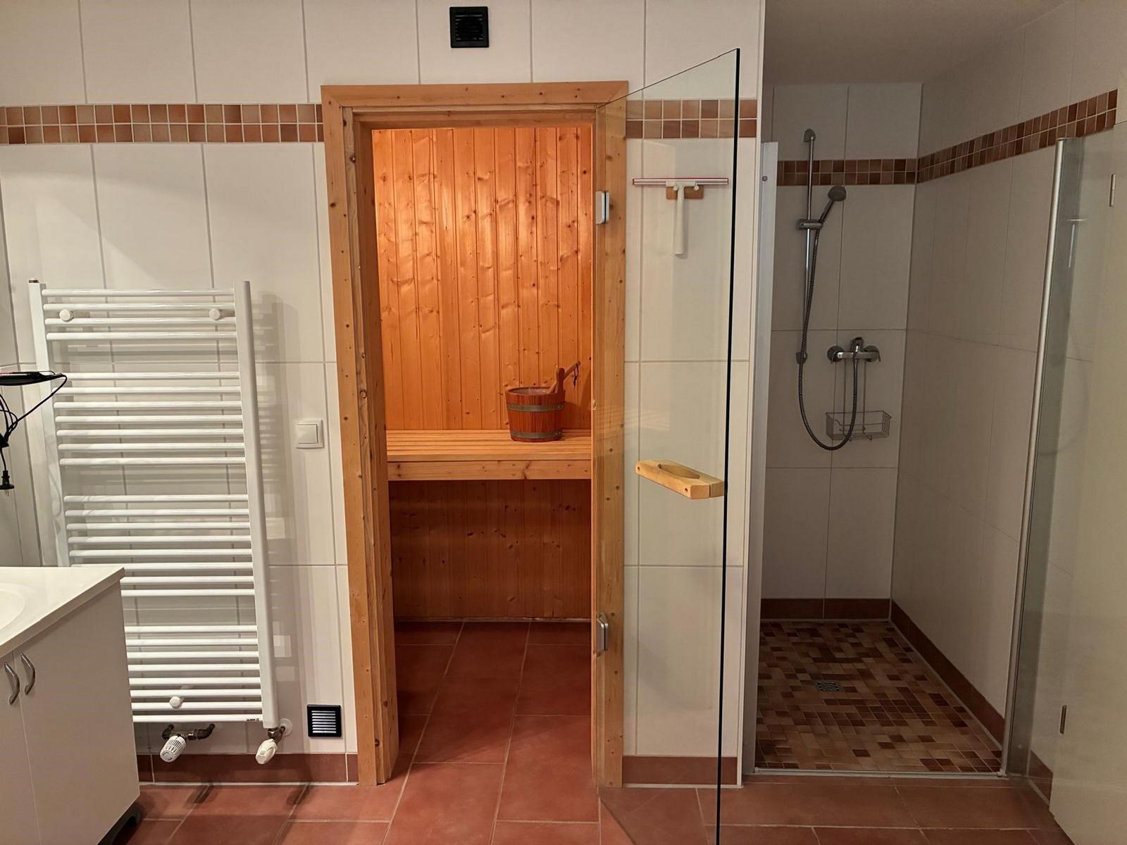 Dusche mit Glaswand, Sauna mit Holzwand und Holzbank, Heizung und Waschbecken.