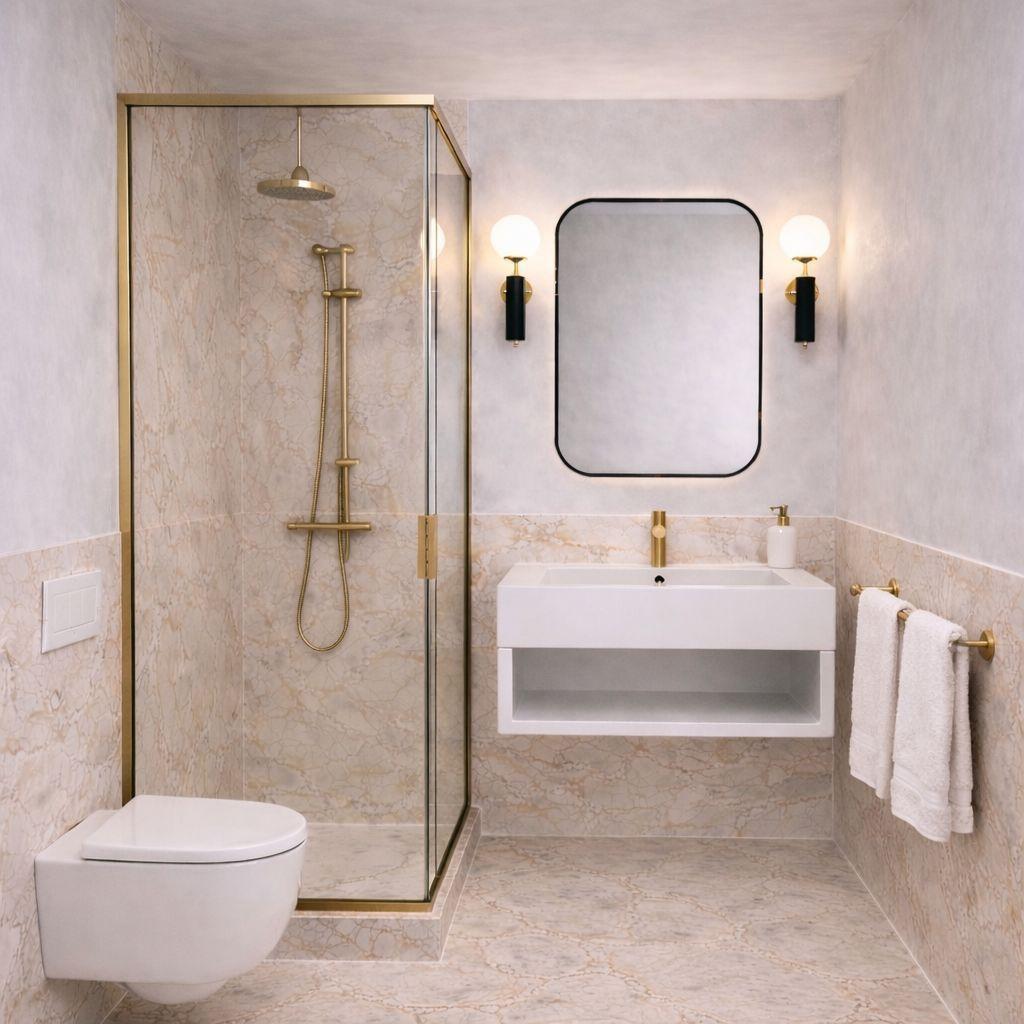 Bad mit Dusche, Waschbecken und Toilette. Goldene Armaturen und Marmorfliesen.