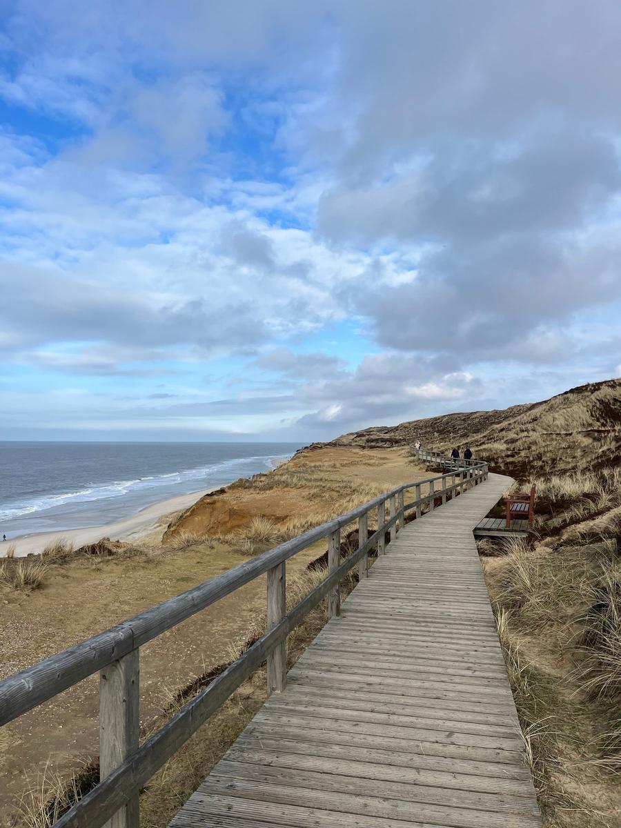 Holzweg führt durch Dünen zur Küste. Blick auf Meer und Strand.