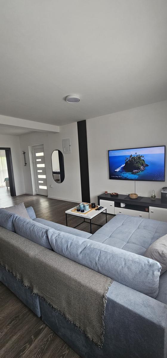 Wohnzimmer mit Sofa, Fernseher und Tisch