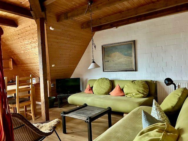 Wohnbereich mit grünem Sofa, Holzboden und weißer Wand. Esstisch und Fernseher sichtbar.