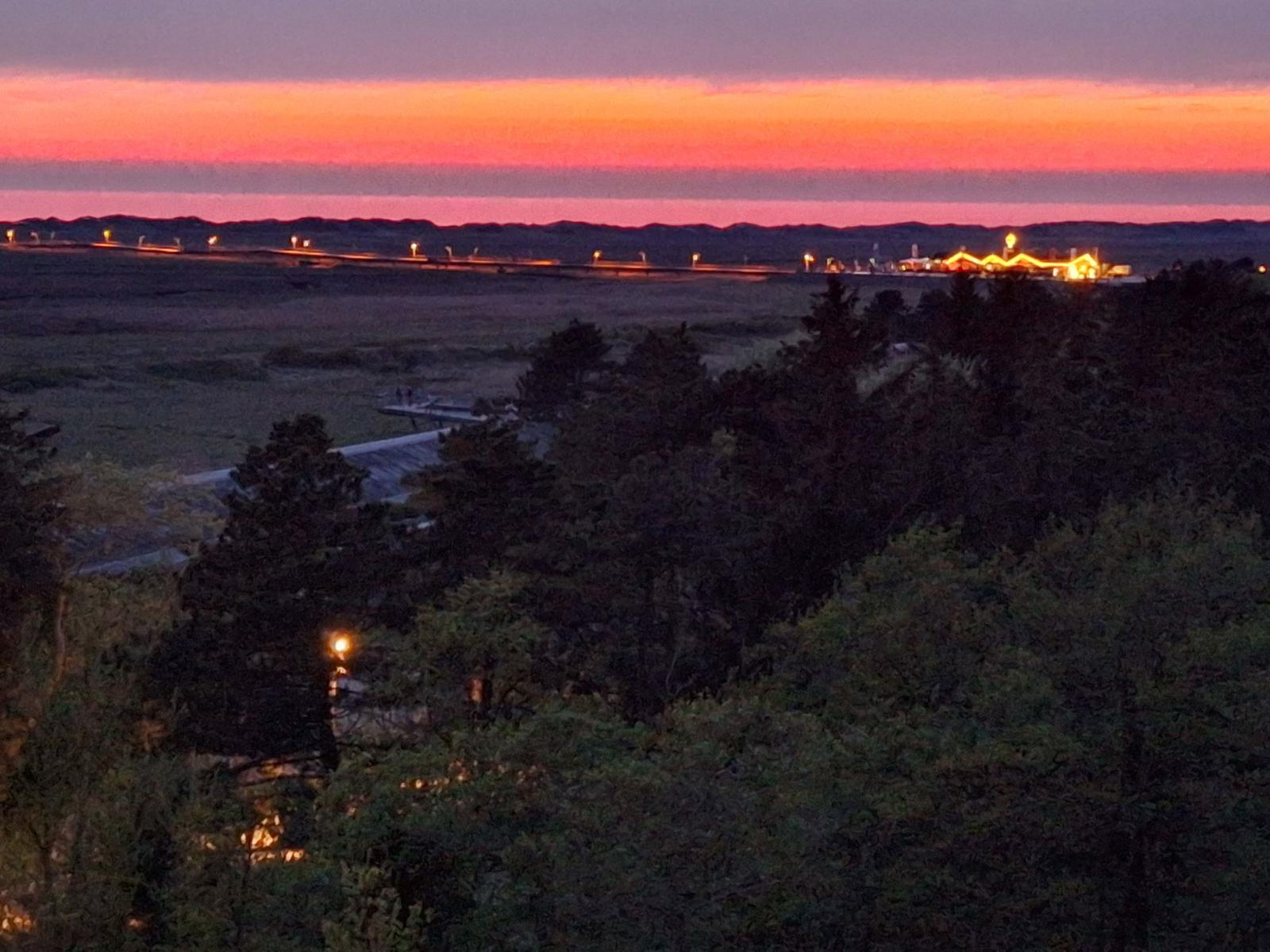 Abendblick auf eine Lichterkette am Horizont über Wiesen und Bäumen.
