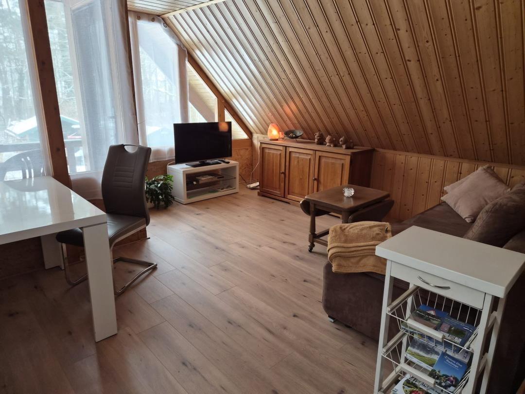 Living room with wooden ceiling, sofa, TV, and desk.