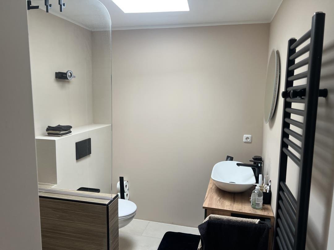 Bathroom with shower, sink, and towel heater.