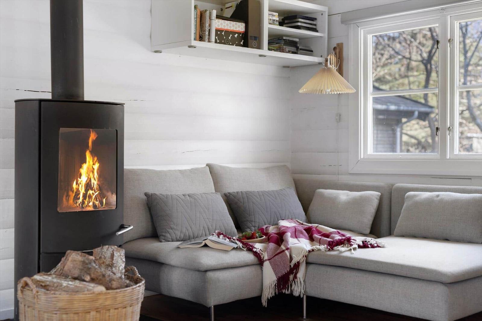 Living room with sofa, fireplace, and window overlooking trees.
