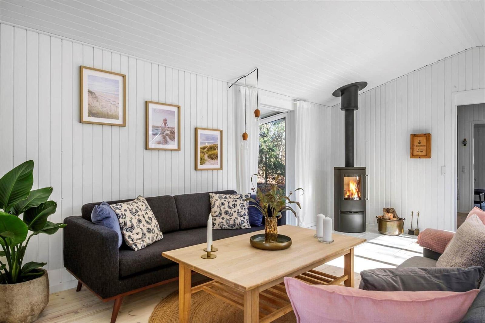 Living room with sofa, coffee table, and wood stove. Walls with pictures and plants.