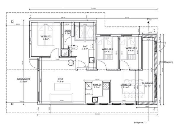 Plan zeigt Wohnfläche mit Küche, Schlafzimmern, Bad und Sauna.