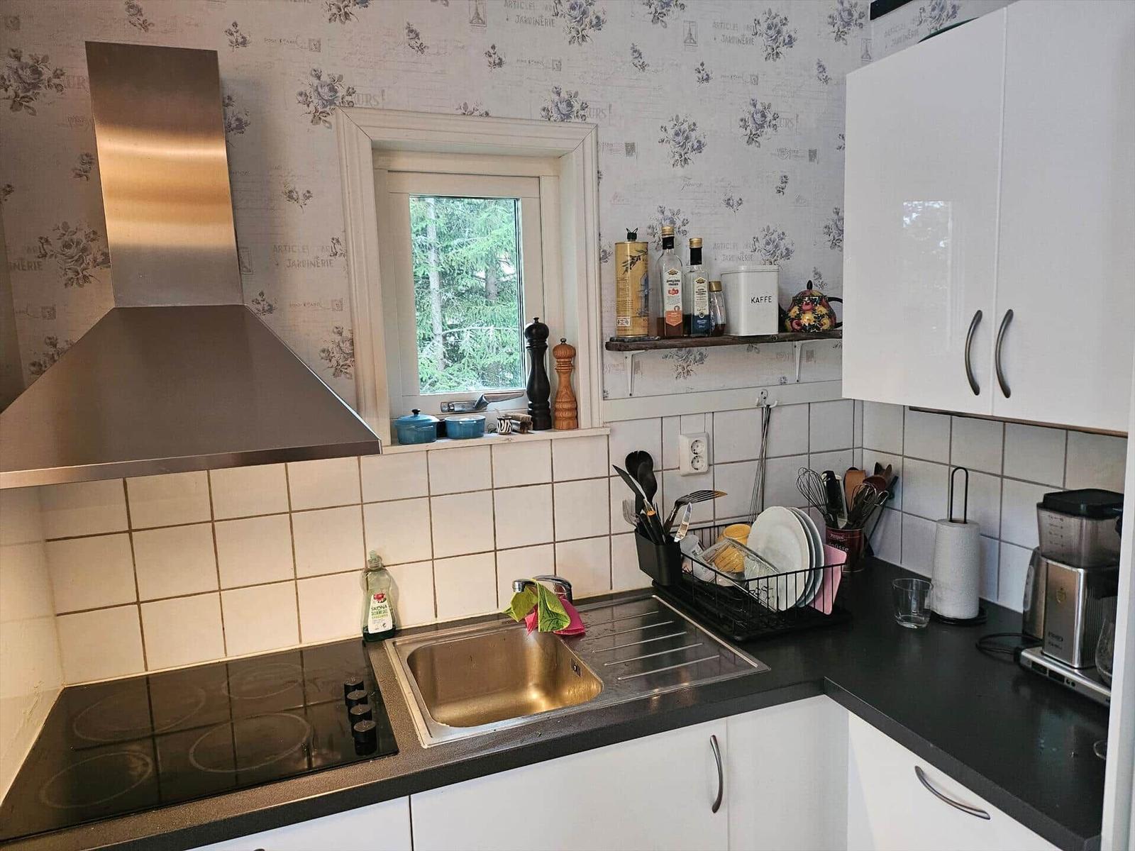 Küche mit Kochfeld, Spüle und Fenster zum Garten