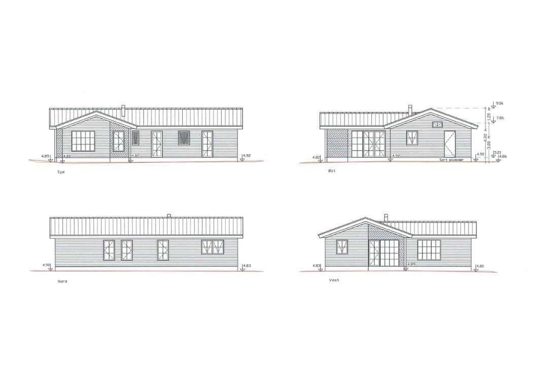 Architectural drawings of a house from four views with measurements and window positions.