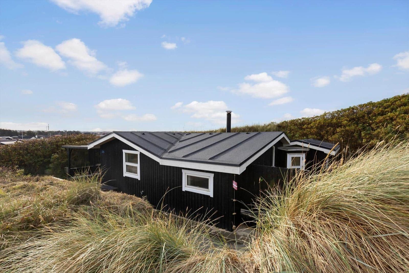 Schwarzes Holzhaus mit weißen Fensterrahmen, umgeben von Gras und Sträuchern unter blauem Himmel.