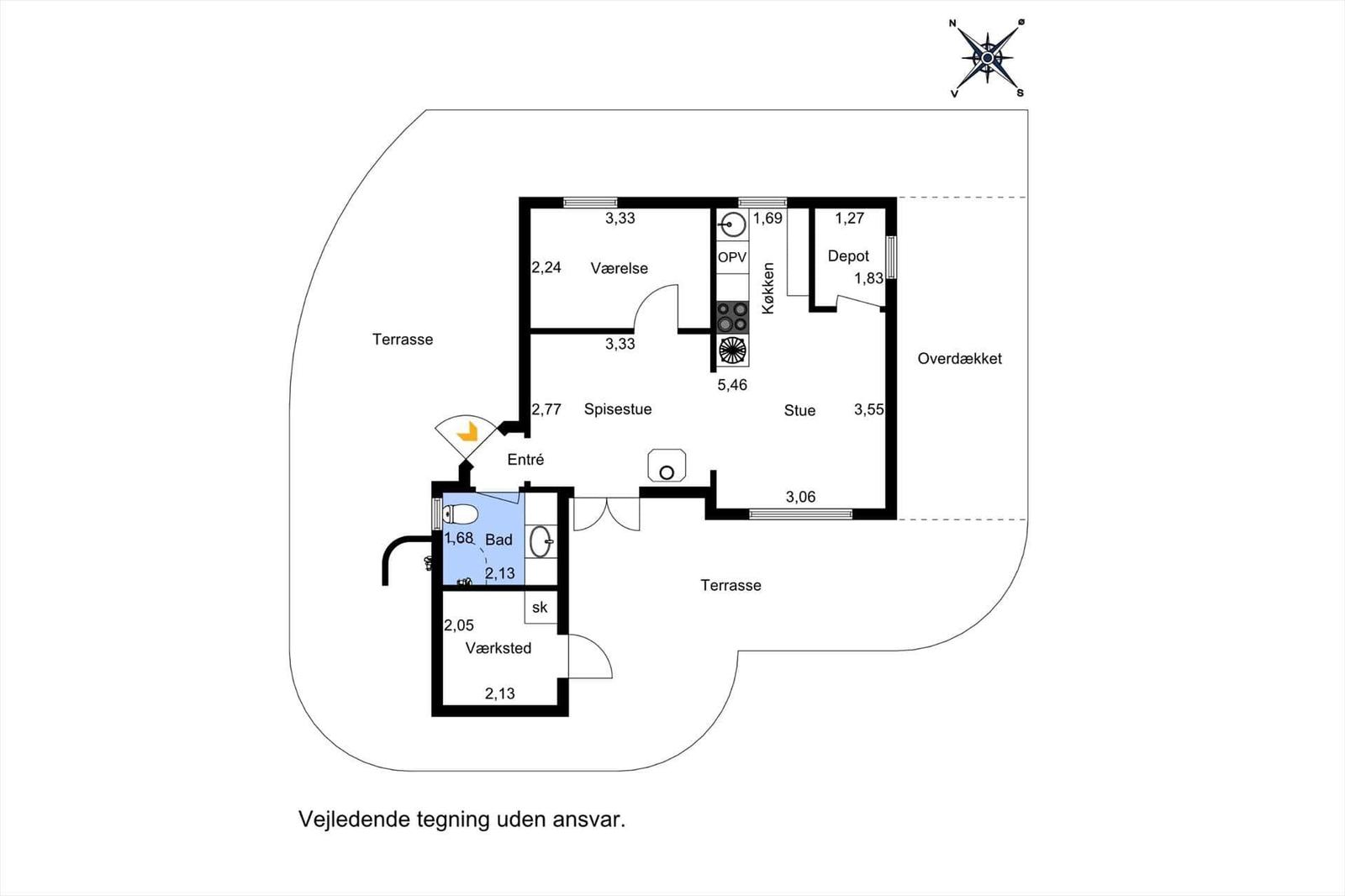 Flur mit Bad, Küche, Wohnzimmer und Terrasse. Raumangaben in Metern.