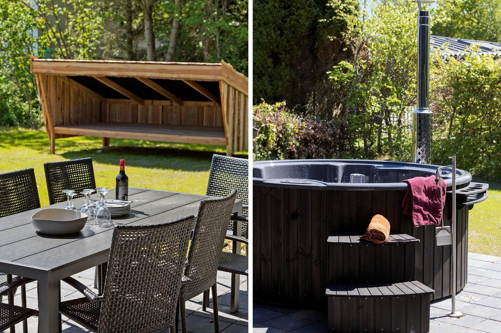 Outdoor area with seating group and wooden shelter. Beside it, a hot tub with towel and chimney.