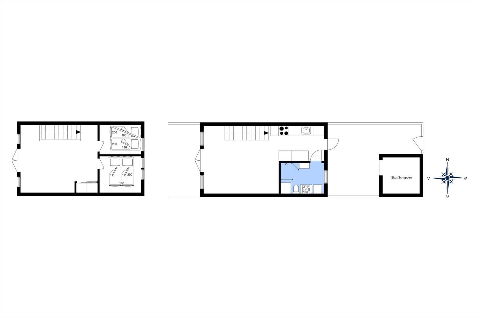 Two floors with bedrooms, kitchen, and bathroom. Skur/Shed shown.