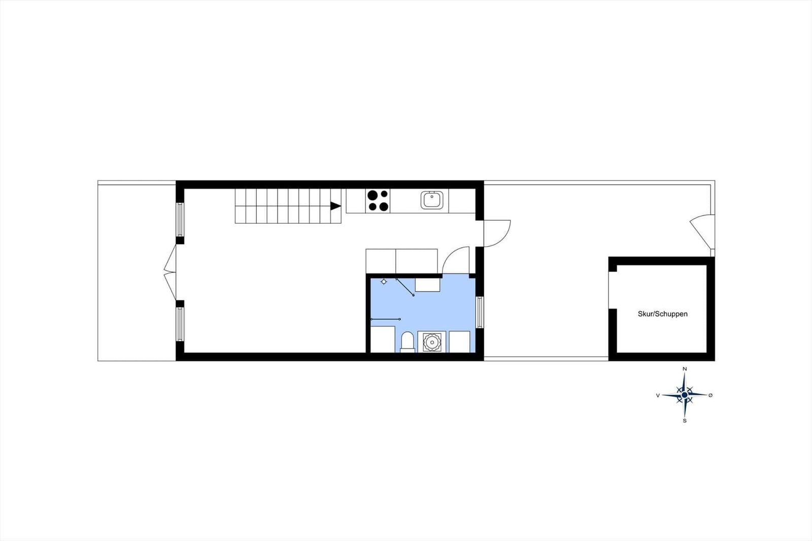 Ground floor plan with kitchen, bathroom, bedroom, and shed.