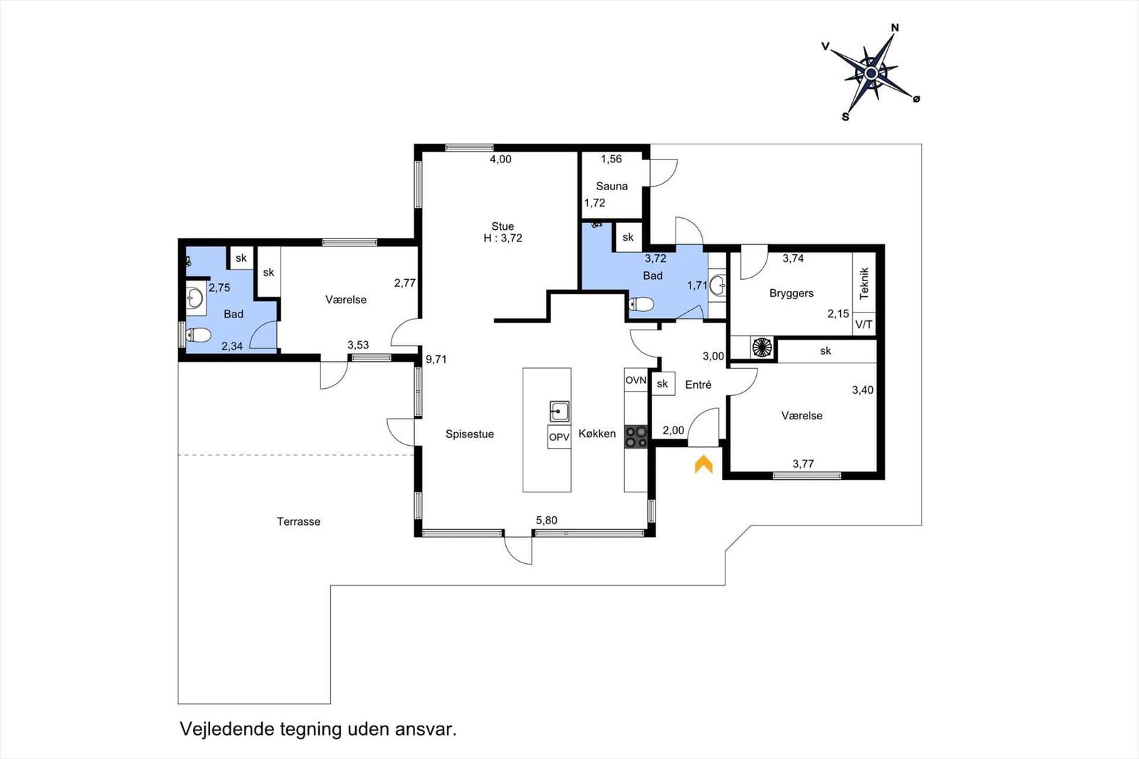 Wohnung mit Küche, Essbereich, Sauna und Terrasse.