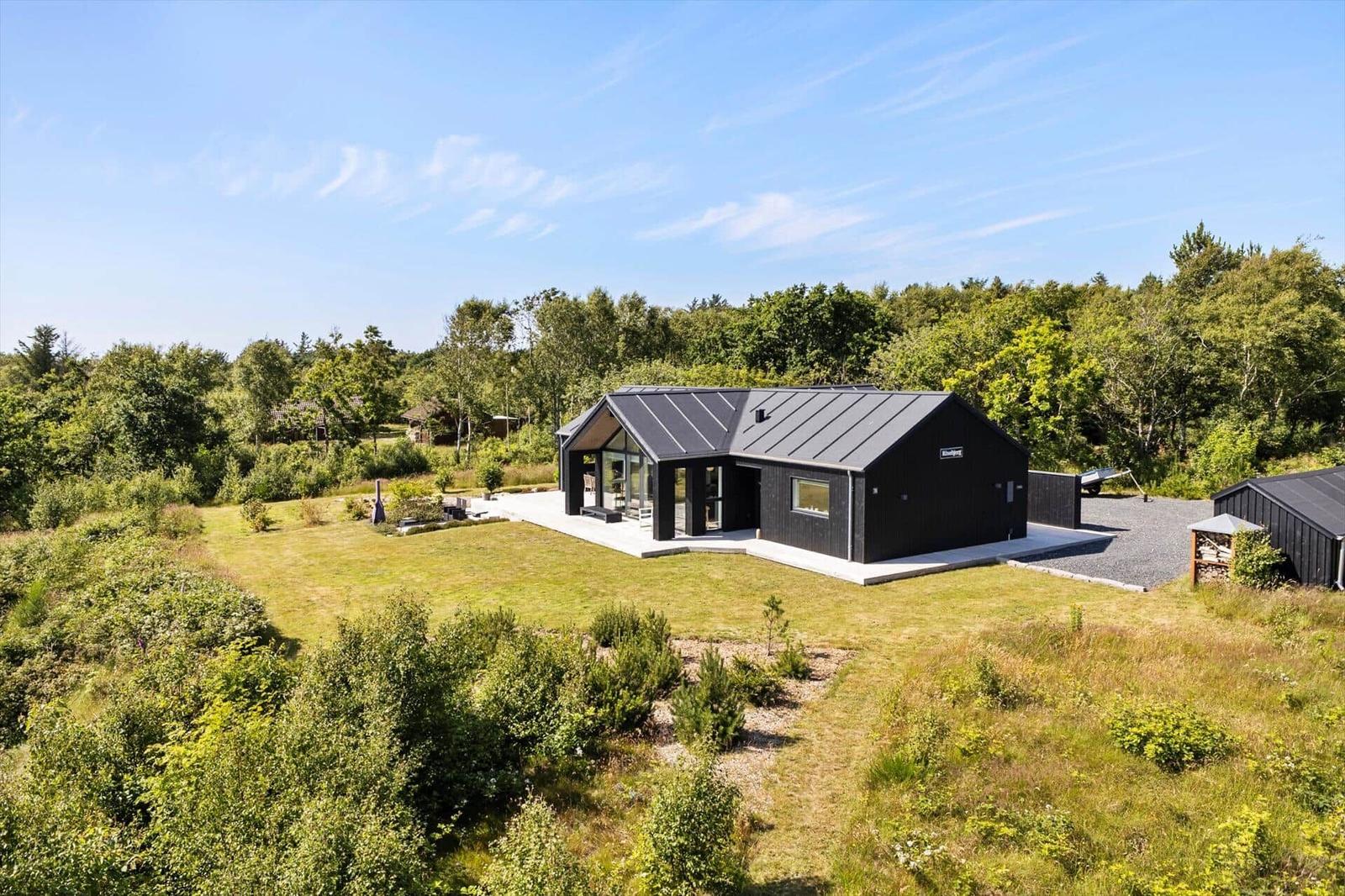 Moderne schwarze Villa mit großem Garten und Wald im Hintergrund.