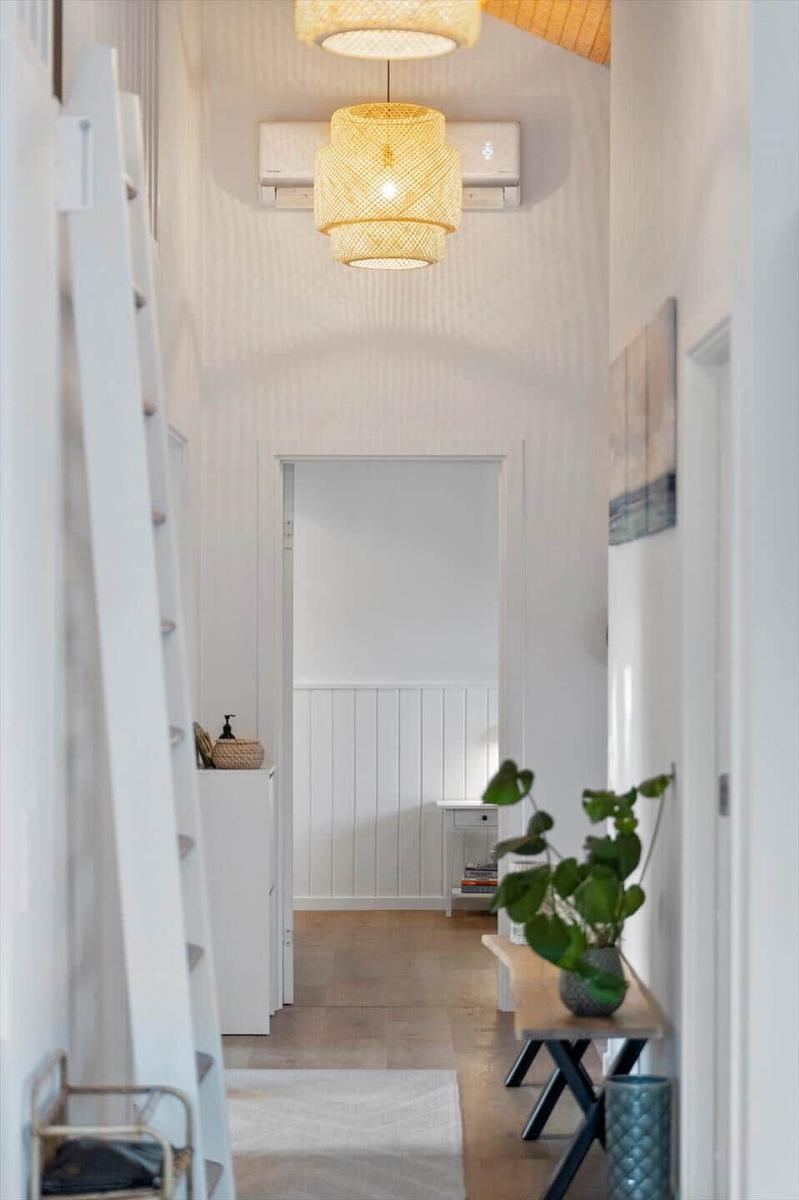 Hallway with ceiling lamp, plant, and white walls.