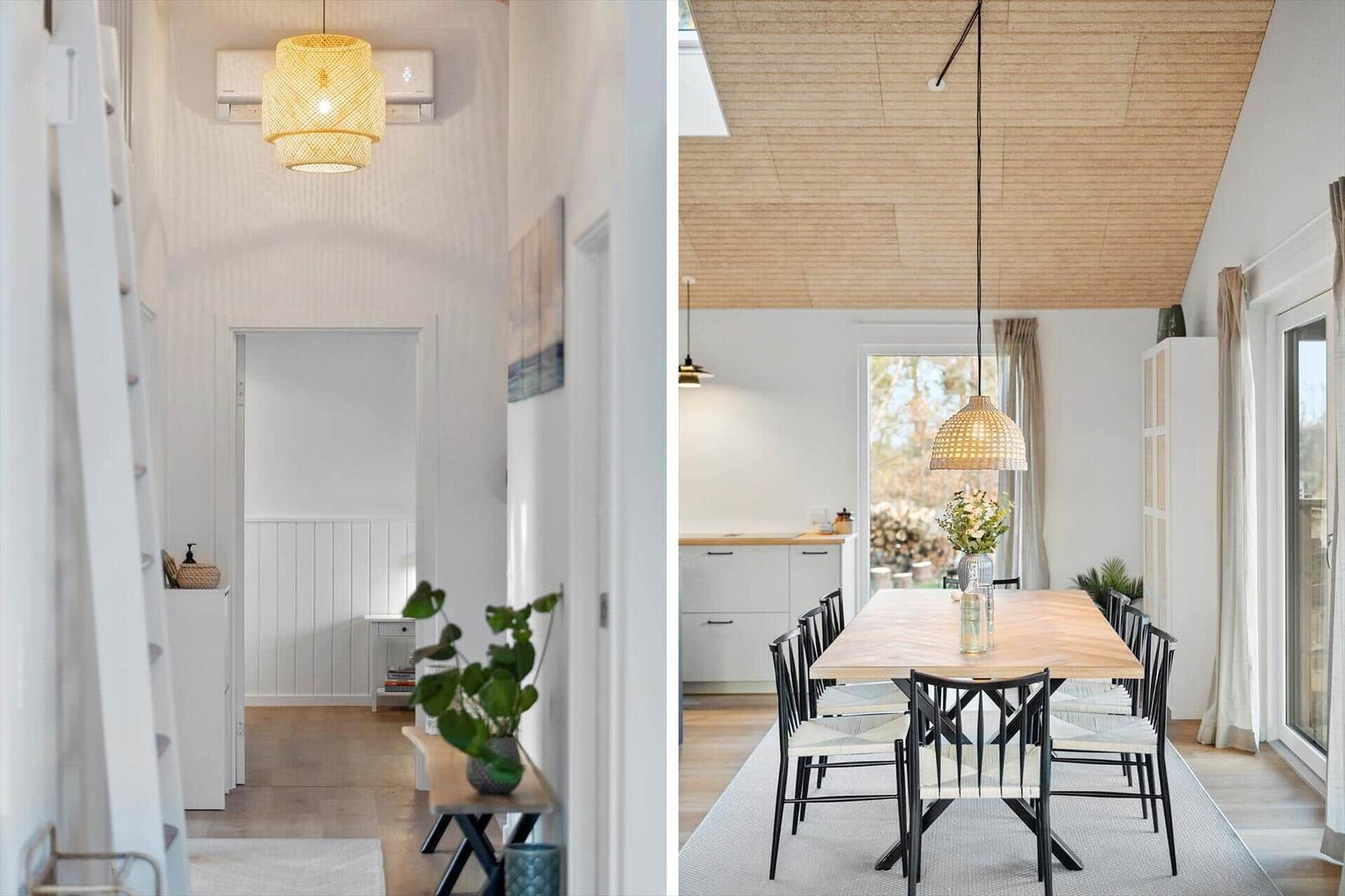 House with dining area and hallway. Wooden ceiling, table with chairs and window.