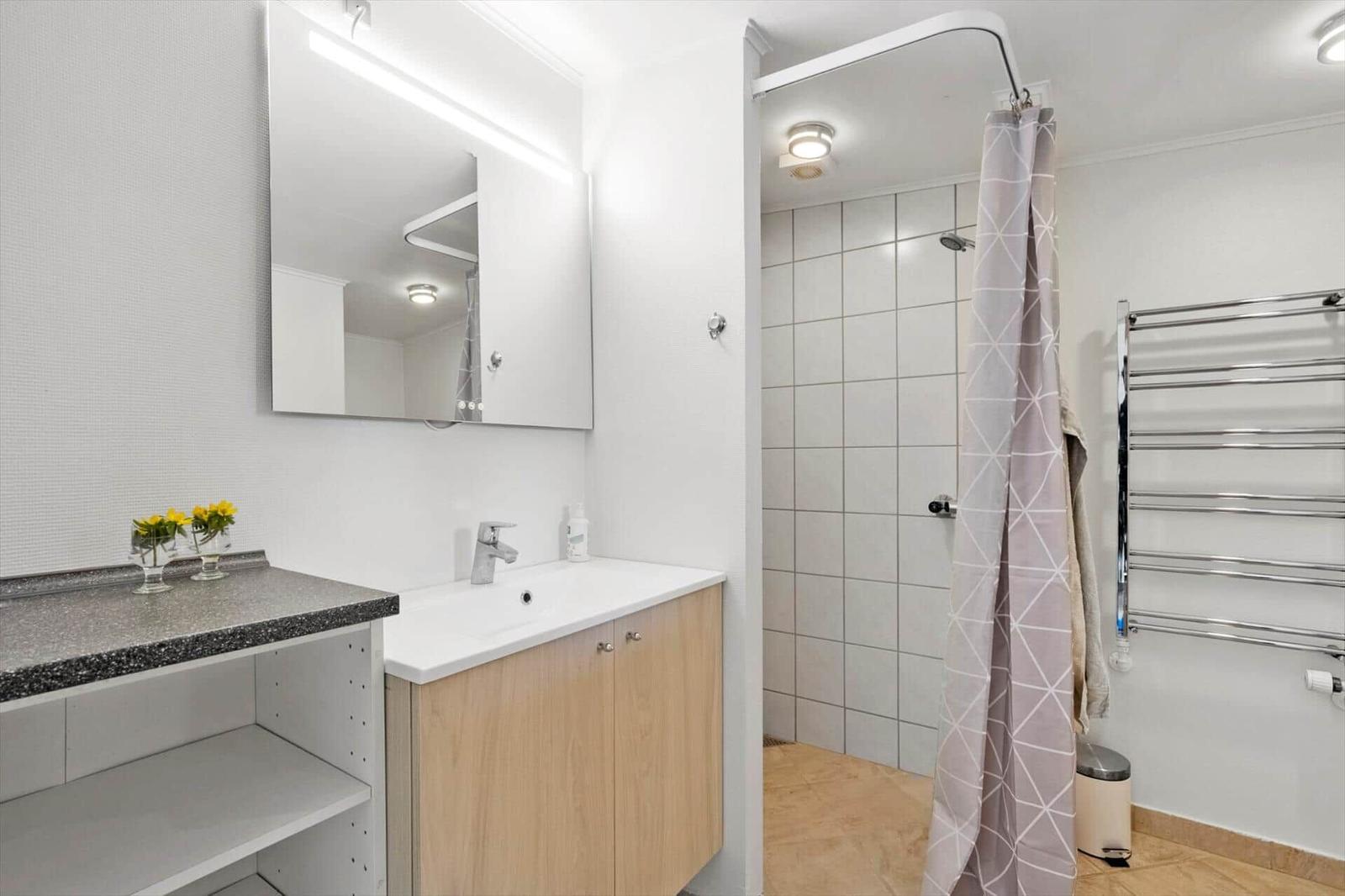 Bathroom with shower, sink, and towel rack