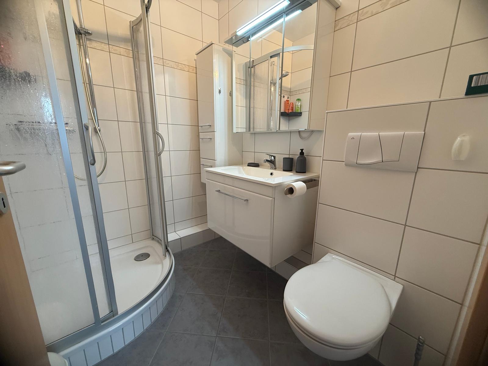 Badezimmer mit Dusche, Waschbecken und Toilette. Fliesenwand und dunkler Boden.