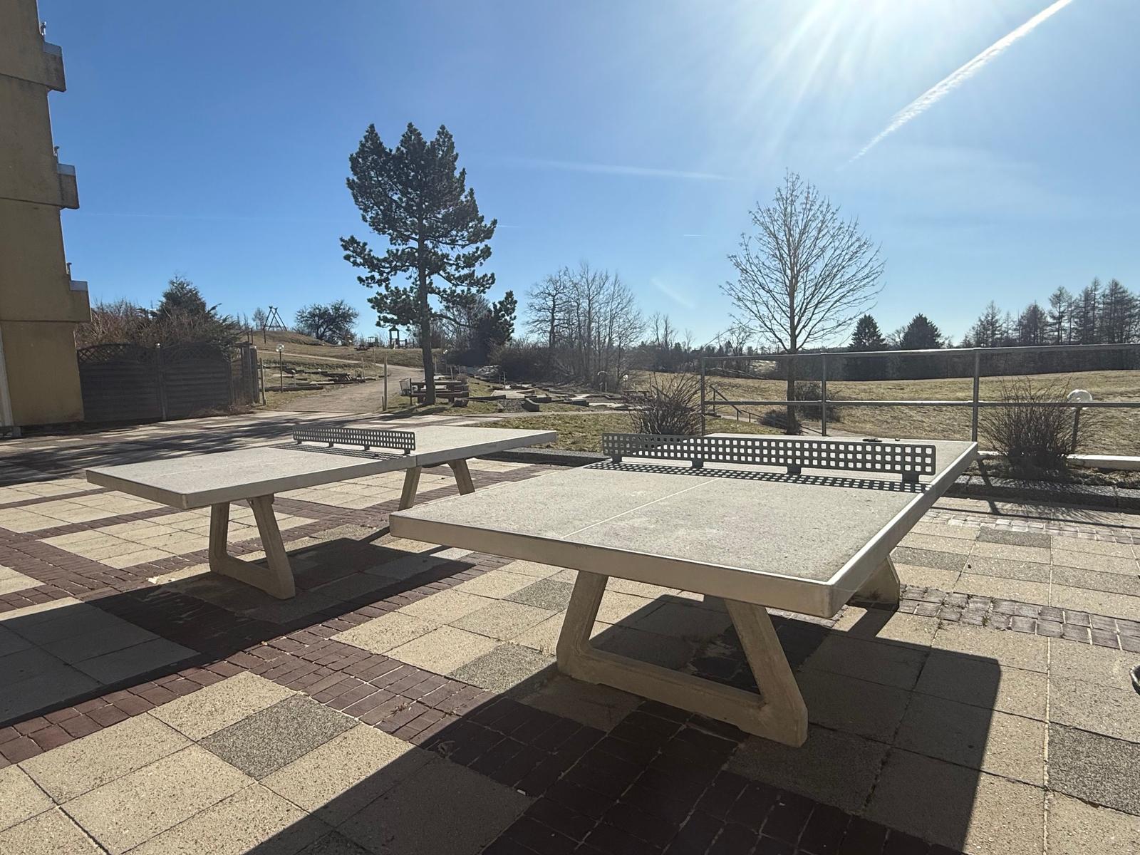 Zwei Tischtennisplatten auf gepflastertem Platz mit Blick auf Bäume und Himmel.