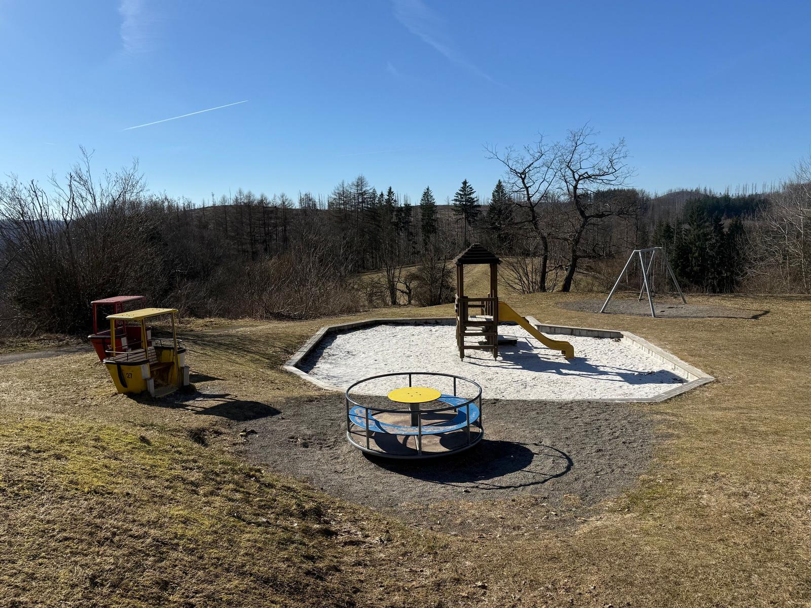 Kinder-Spielplatz mit Rutsche, Schaukel und Drehplattform auf grünem Grund.