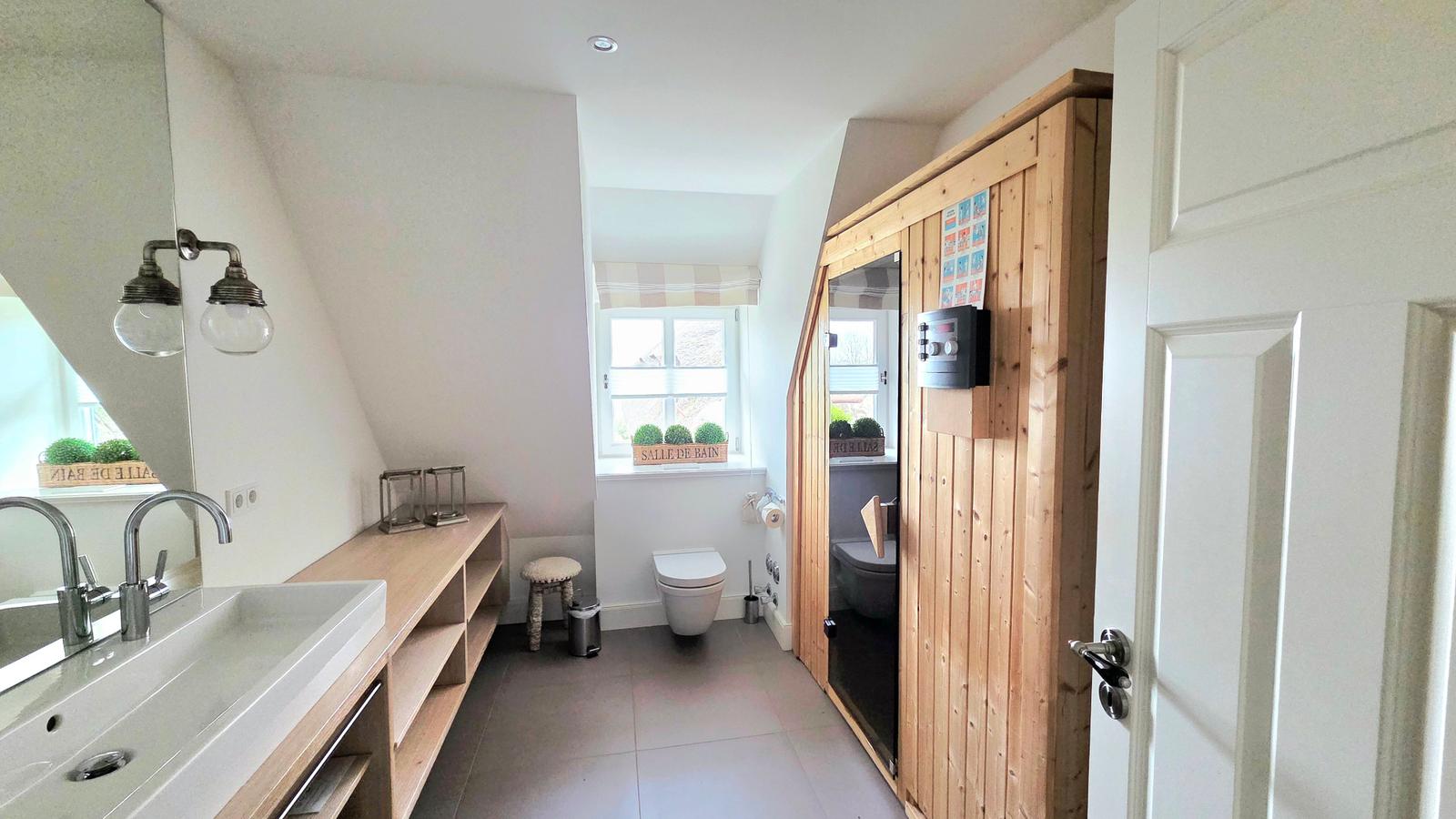 Badezimmer mit Waschbecken, Toilette und Holz-Sauna.