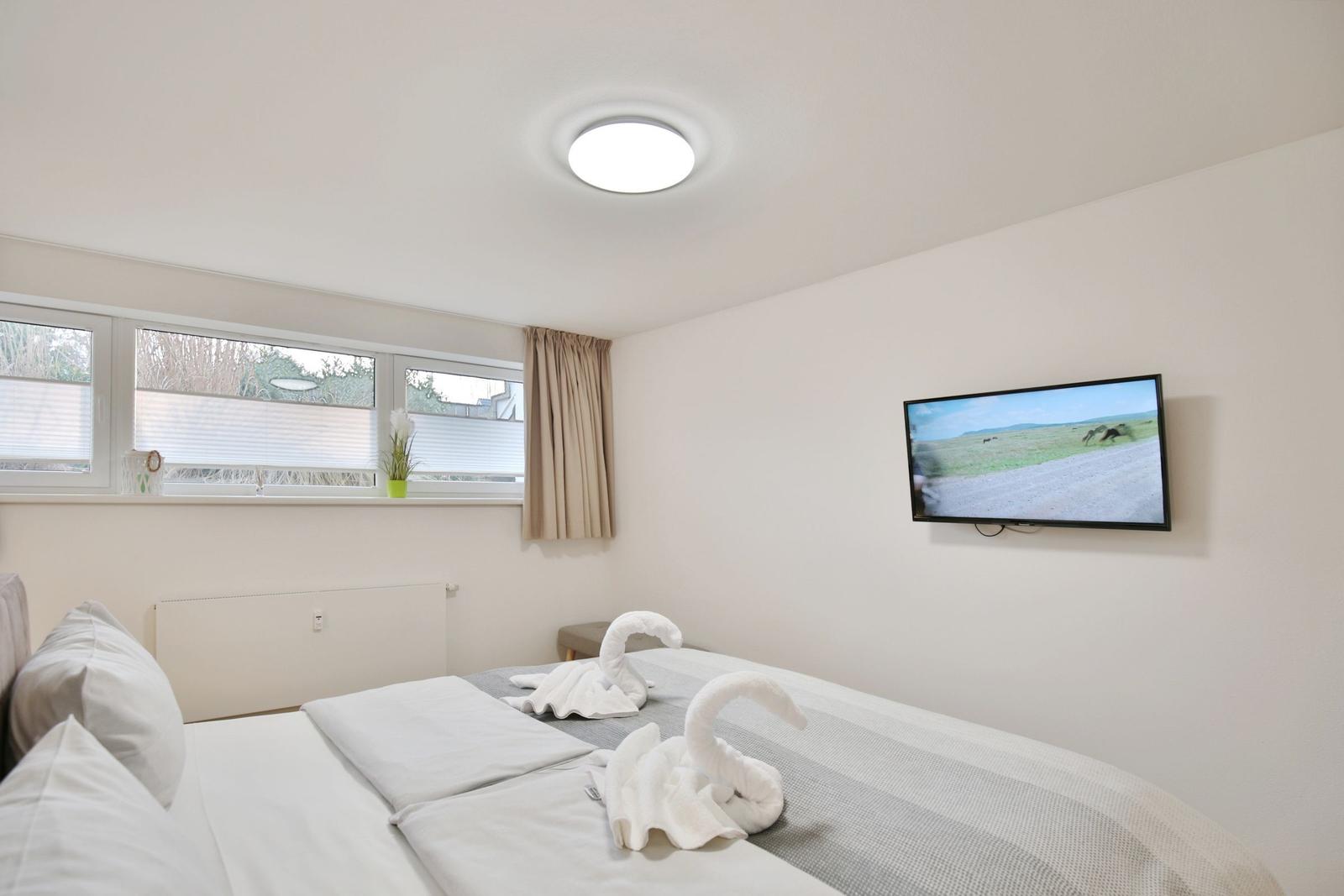 Schlafzimmer mit Bett, TV und Fenster mit Blick.