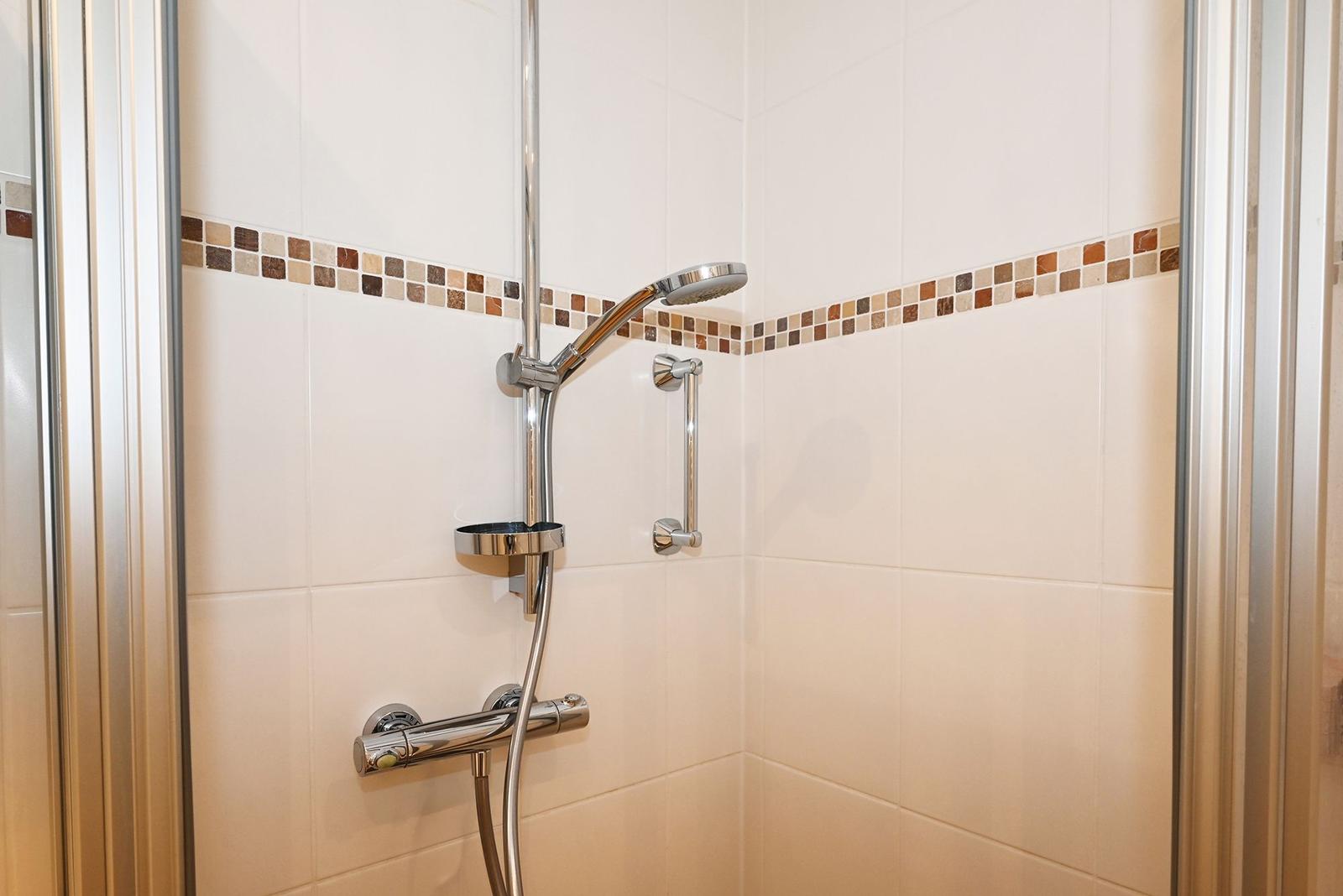 Dusche mit Duschbrause, Handlauf und Mosaikfliesen an der Wand.