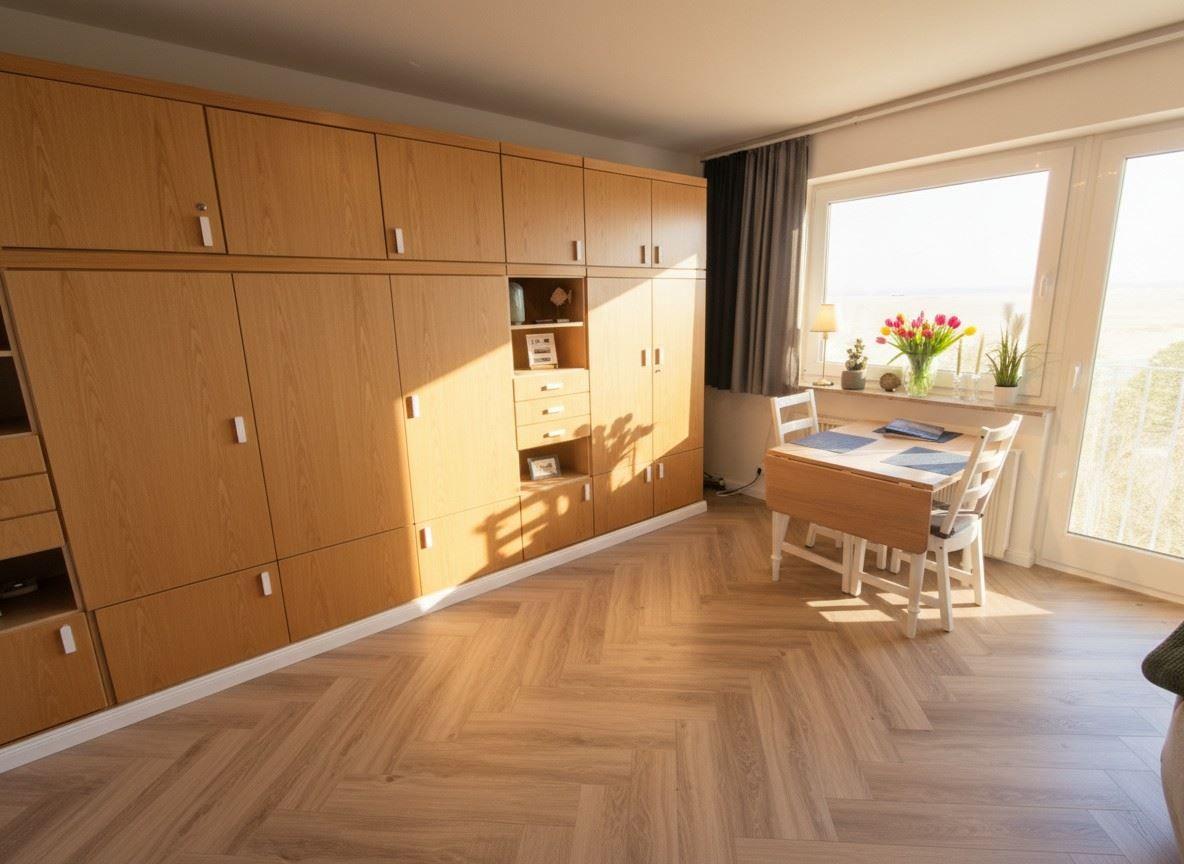 Große Wohnfläche mit Holzmöbeln und Fensterblick. Helle Parkettboden und Einbauküche.
