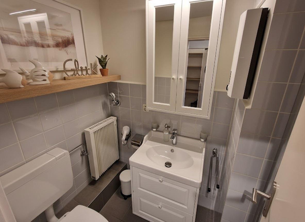Badezimmer mit Waschbecken, Spiegelschrank und Toilette