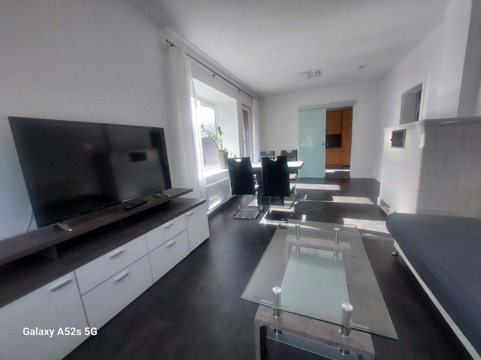 Wohn- und Essbereich mit TV, Glas-Tisch und Schlafplatz.