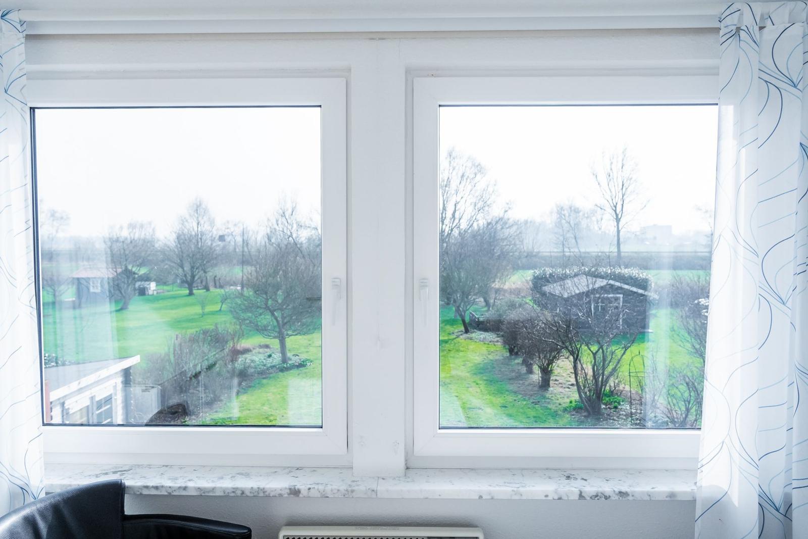 Durch das Fenster blickt man auf einen grünen Garten mit Bäumen und einem kleinen Holzhaus.