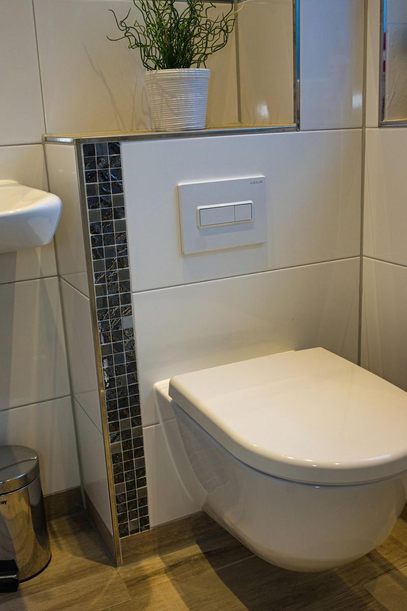 WC mit Wandmontage, Mosaikverkleidung und Pflanze auf der Konsole.