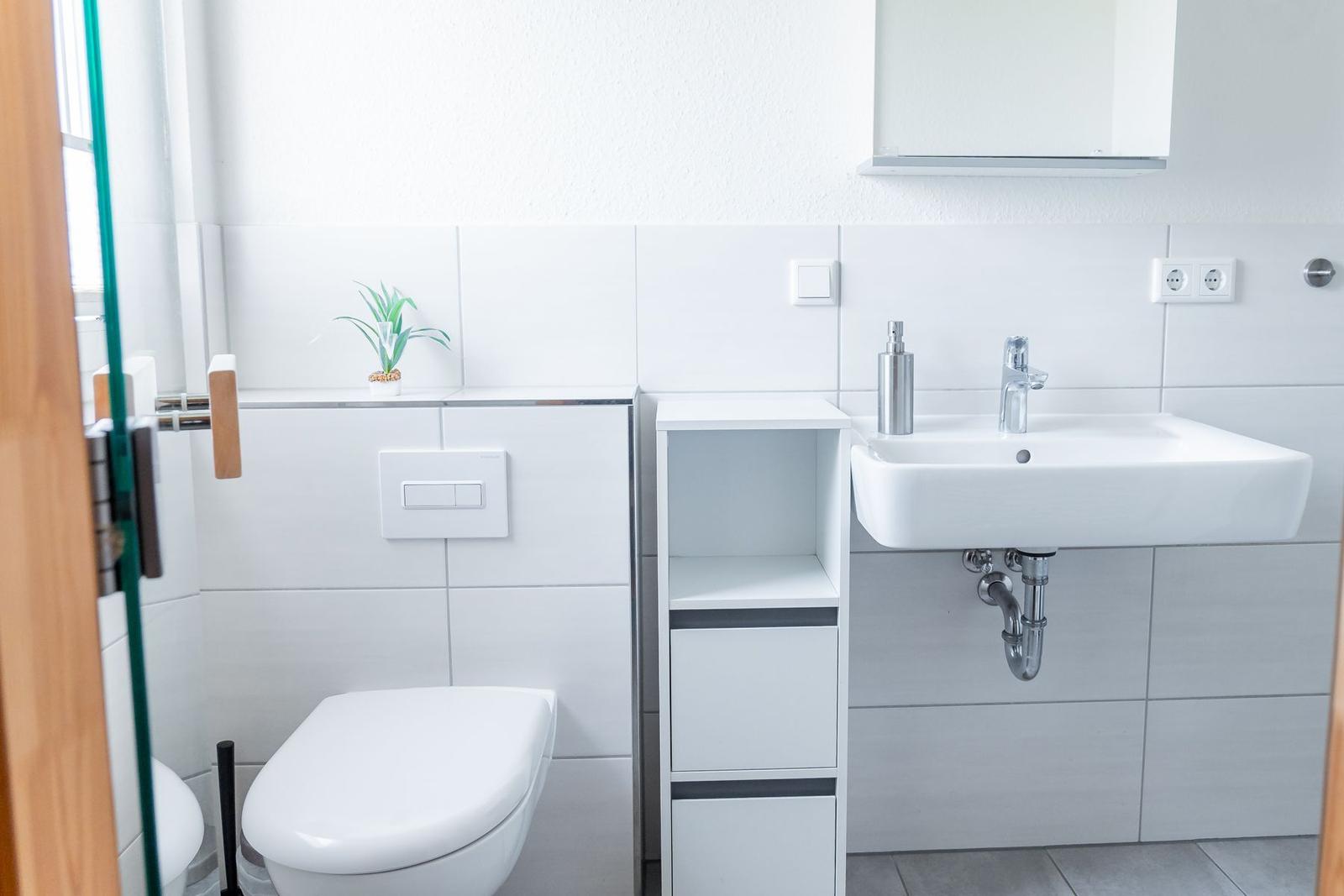 Badezimmer mit Toilette, Waschbecken und Spiegelschrank.