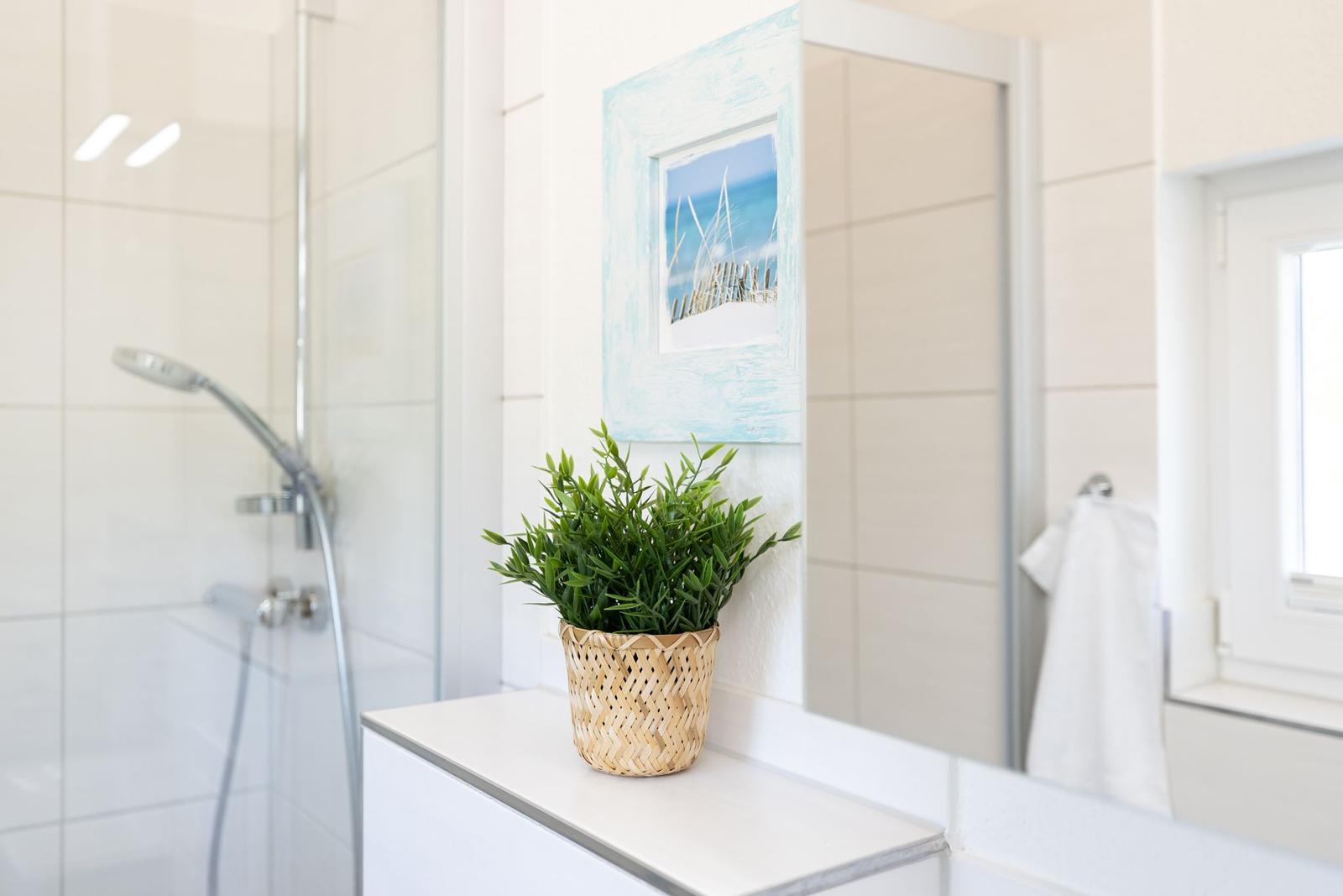 Badezimmer mit Dusche, Pflanze und Bild an der Wand.