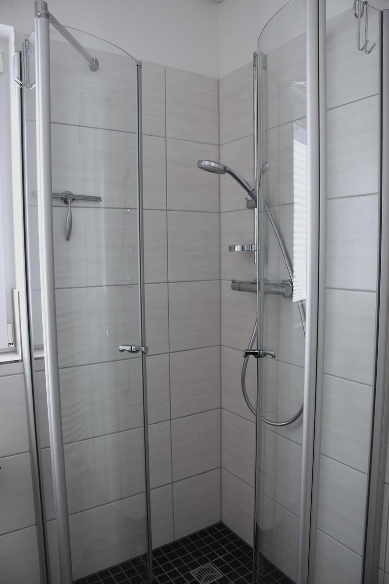 Dusche mit Glaswand und Handbrause in einem Badezimmer