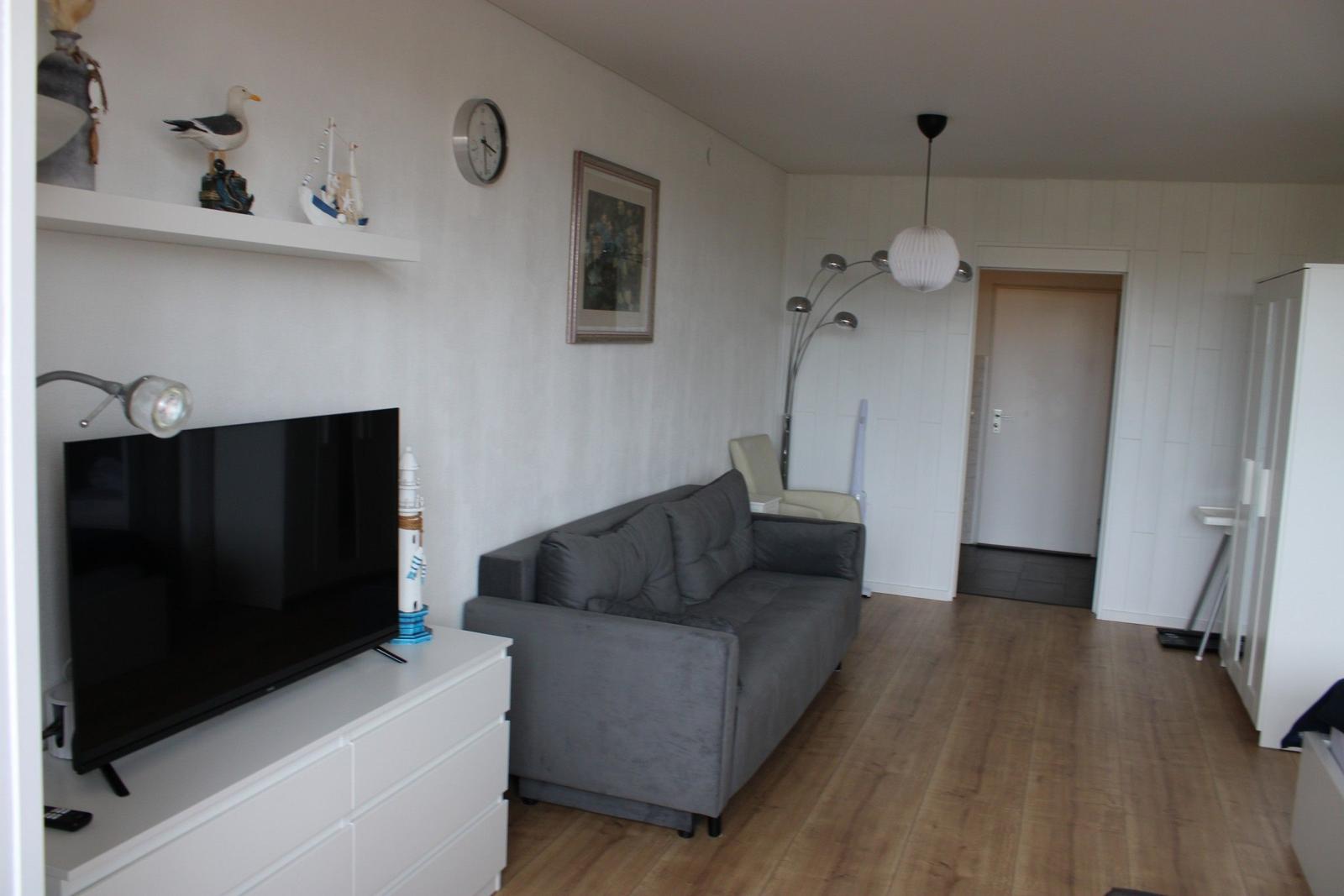 Living room with sofa, TV, and wooden floor