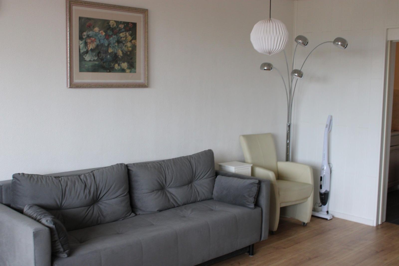 Gray sofa, cream armchair, floor lamp, and wall picture in living room.