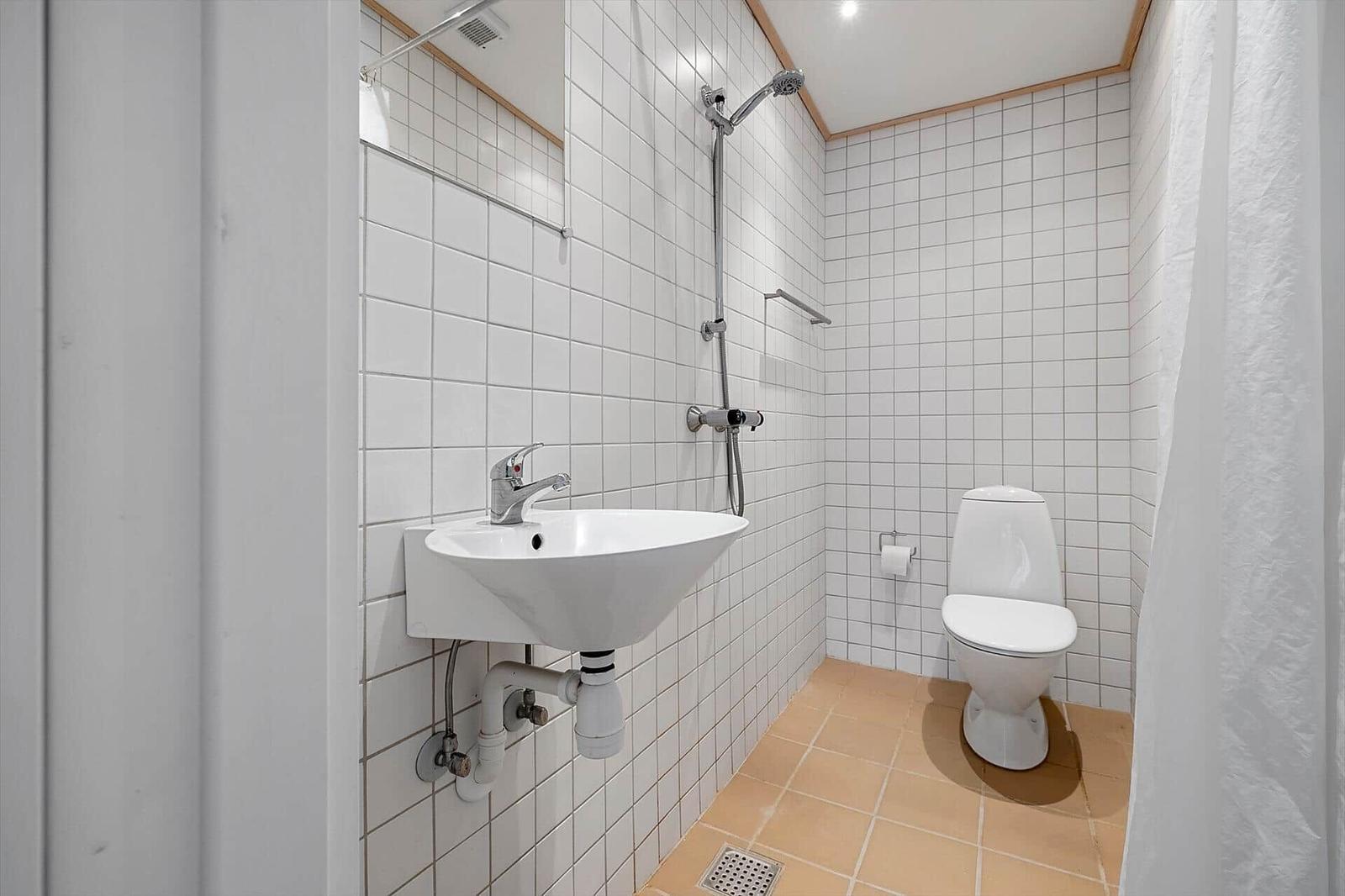 Bathroom with shower, toilet, and sink.