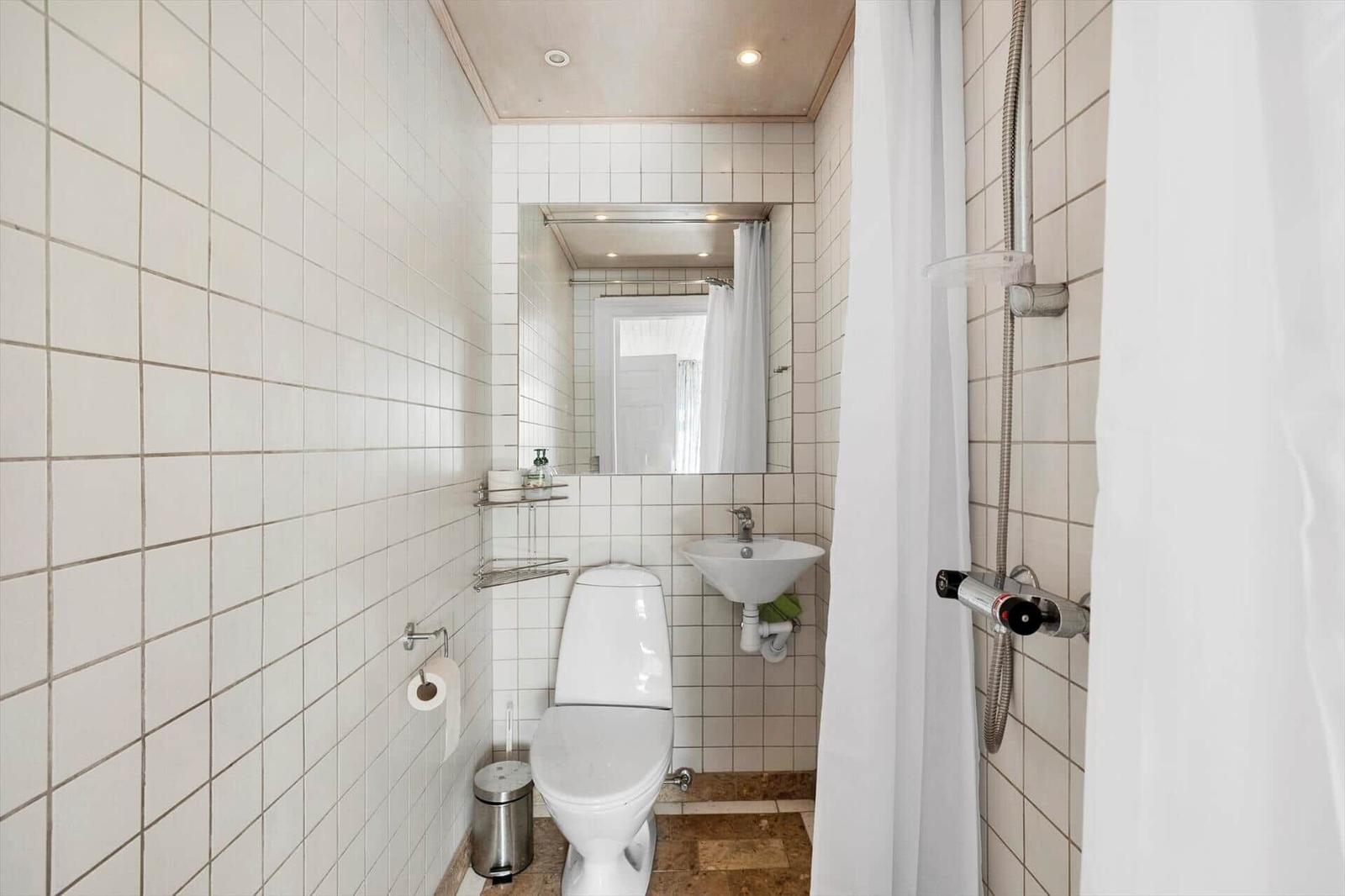 Bathroom with toilet, sink, and shower with shower curtain.
