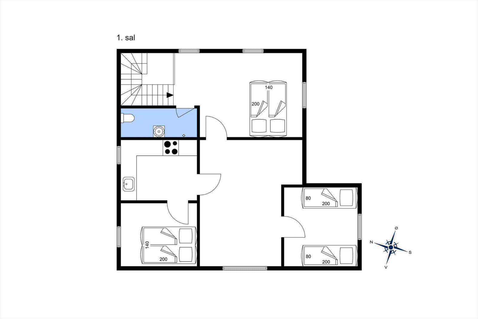 Ground floor plan with kitchen, bathroom, three bedrooms, and staircase.