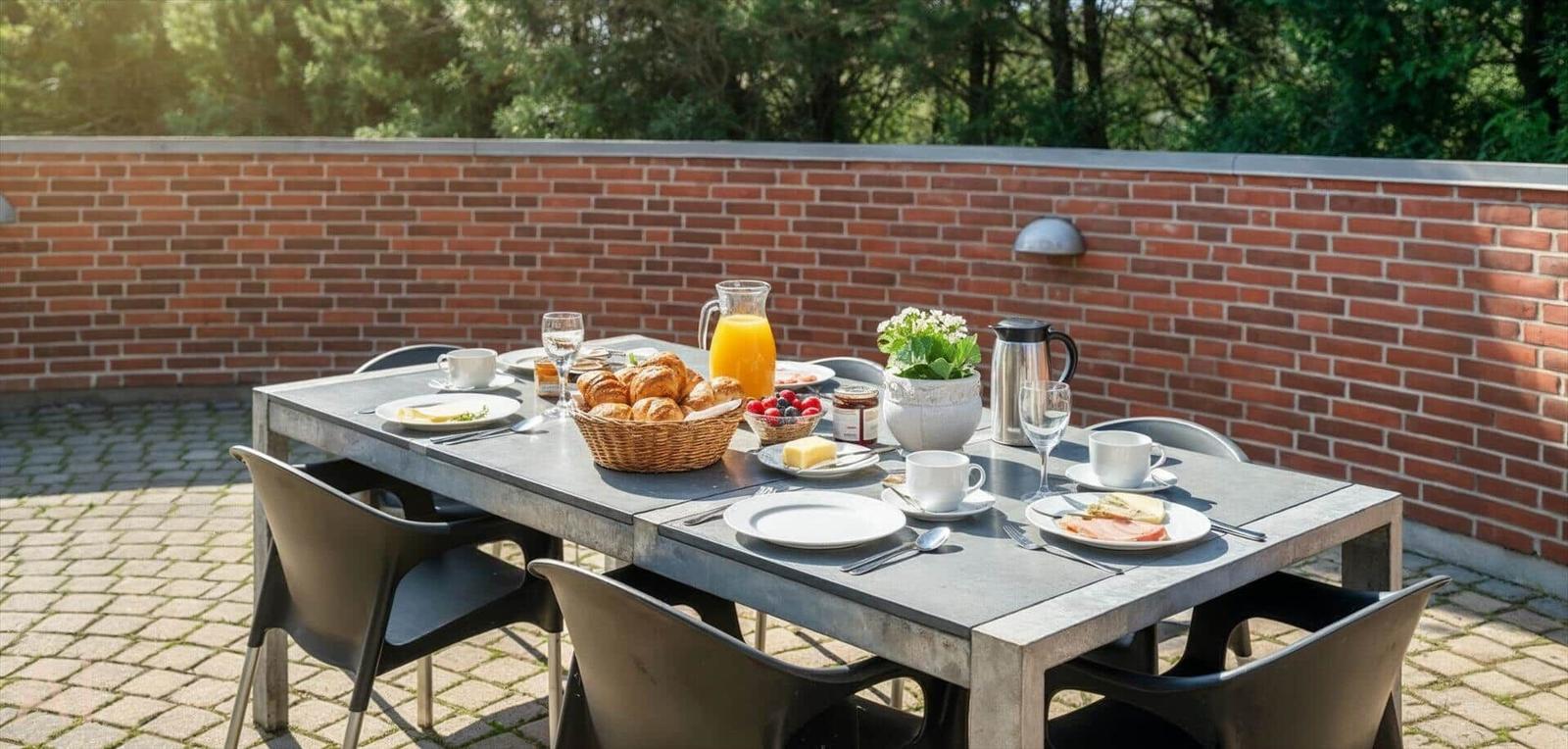 Outdoor area with table, chairs, and breakfast. Background: brick wall and trees.