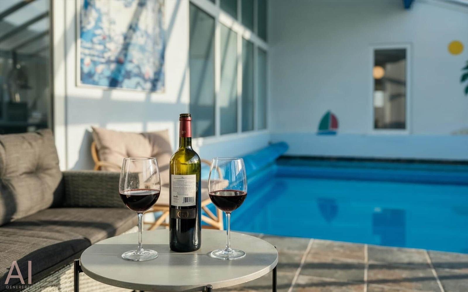 Round table with wine glasses and bottle in front of pool and lounge area