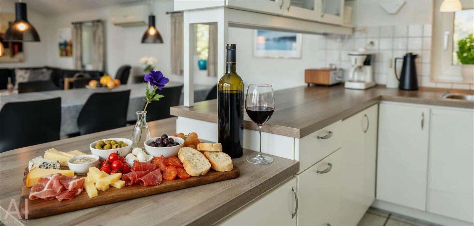 Kitchen with wooden board, wine, cheese, sausage, and fruit.
