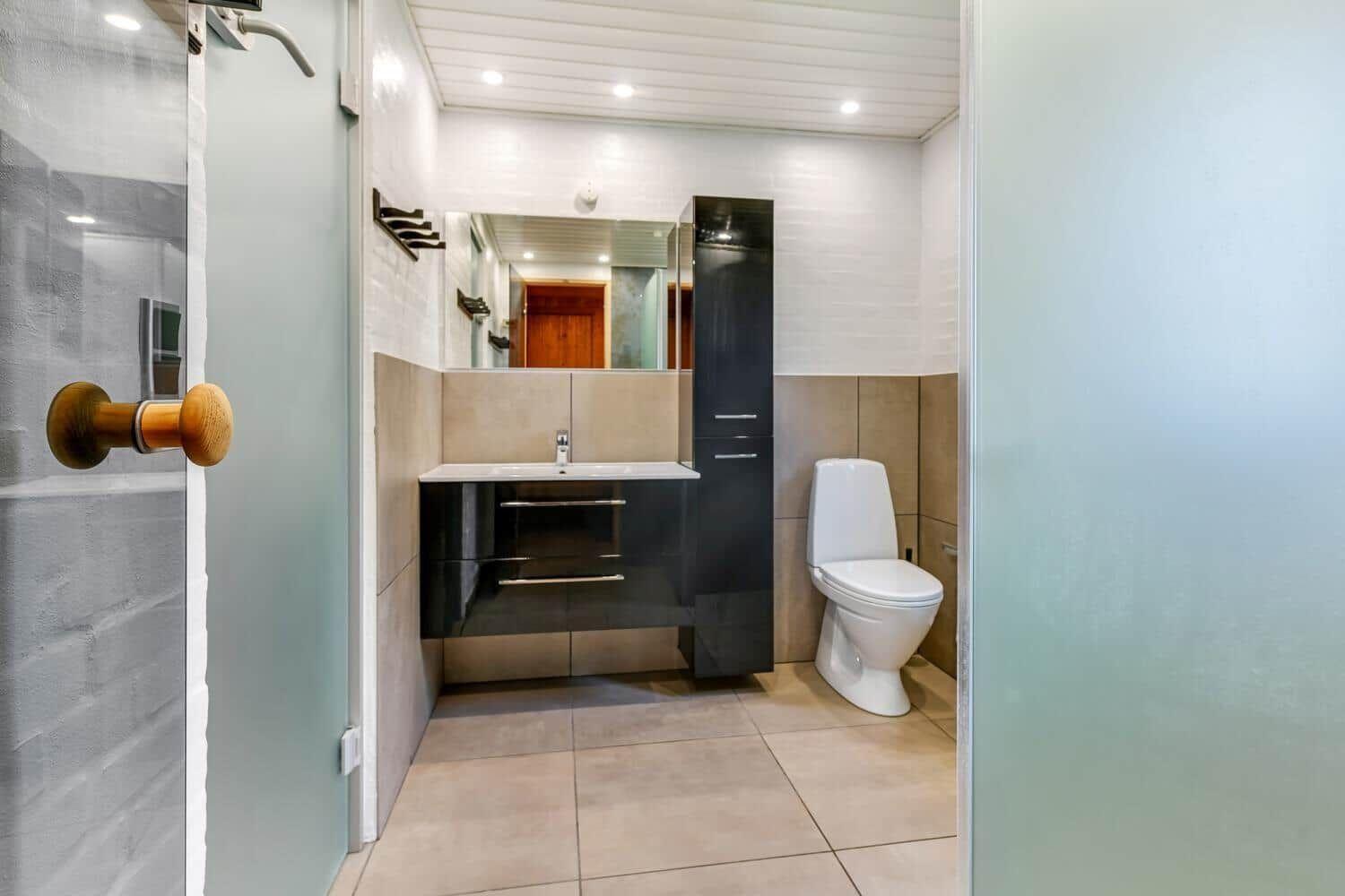 Bathroom with shower, sink, and toilet. Wooden handle on shower door.